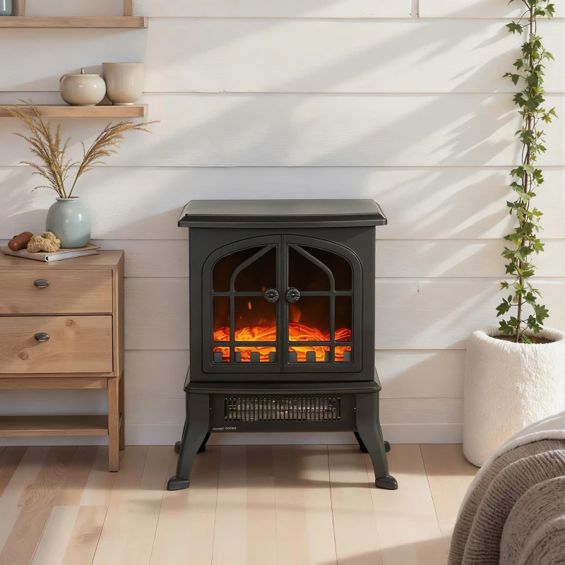 HOMCOM Șemineu Electric de Podea, Flacără 3D, Termostat 10-35°C, Plastic, Sticlă, 39x24x48 cm, Negru