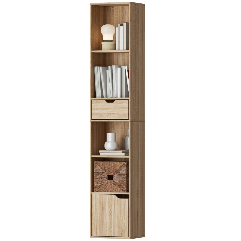 HOMCOM Raft Bibliotecă cu 4 Nivele Deschise, cu Dulap și Sertar, 30x24x158 cm, Lemn Natural