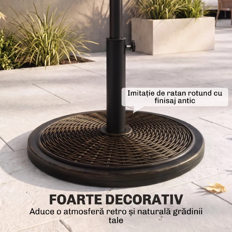Outsunny Baza pentru Umbrela din Ciment si Plastic de 14kg, Postament pentru Umbrela de Gradina cu Efect Ratan, Bronz