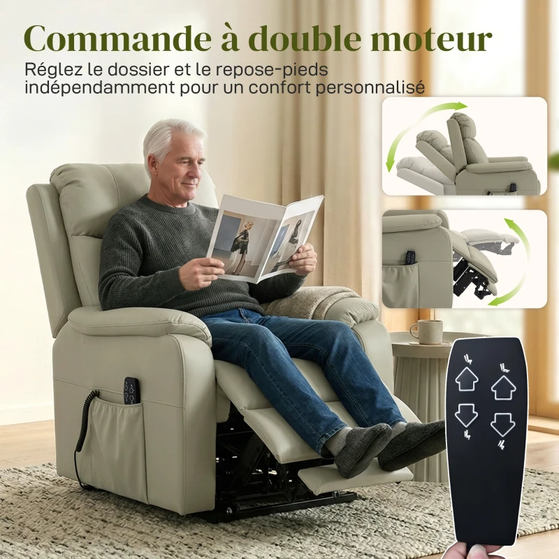 HOMCOM Fauteuil releveur électrique, fauteuil relax électrique, double moteur, dossier inclinable, 87x96x105cm, crème