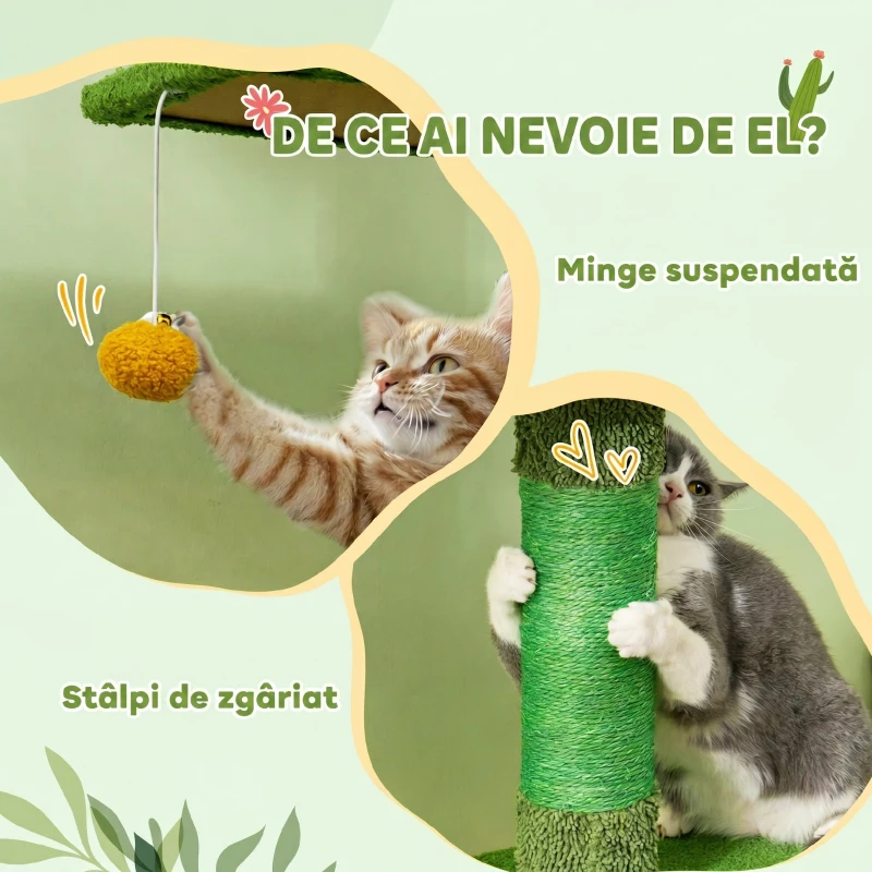 PawHut Ansamblu de Zgâriat pentru Pisici cu Fixare în Tavan, 230-275 cm, Hamac, Căsuță, Stâlpi din Sisal, Verde
