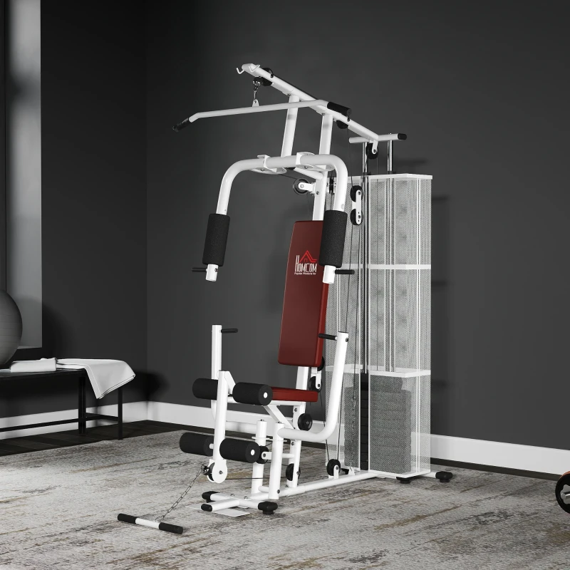 HOMCOM Kraftstation Fitnessstation Fitnessgerät Multifunktion Krafttraining Multistation Trainingsstation mit Latzug Butterflystange 45kg Gewichten Seil, Fitnessgeräte für Zuhause Weiß