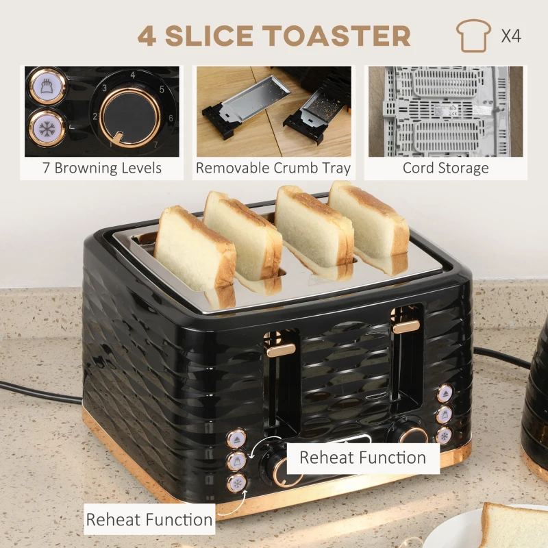 HOMCOM Kettle and Toaster Sets, 3000W 1.7L Rapid Boil Kettle & 4 Slice Toaster with 7 Browning Controls, Defrost, Reheat and Crumb Tray, UK Otter thermostat, Black