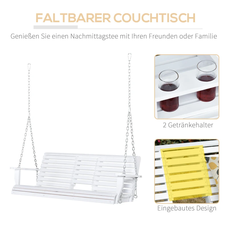 Outsunny Hängebank mit Klapptisch und Becherhaltern Naturholz 150 x 75 x 53cm