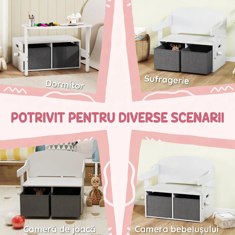 AIYAPLAY 3 în 1 Bancă Depozitare Jucării Copii 3-6 ani, Convertibilă în Masă și Scaun cu 2 Cutii, Alb