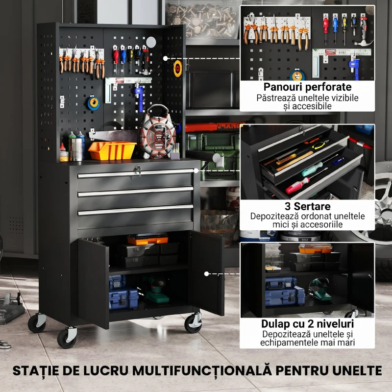 HOMCOM Cărucior de Scule din Oțel cu Blat de Lucru, 3 Sertare, Dulap, Panouri Perforate, Roți, Negru