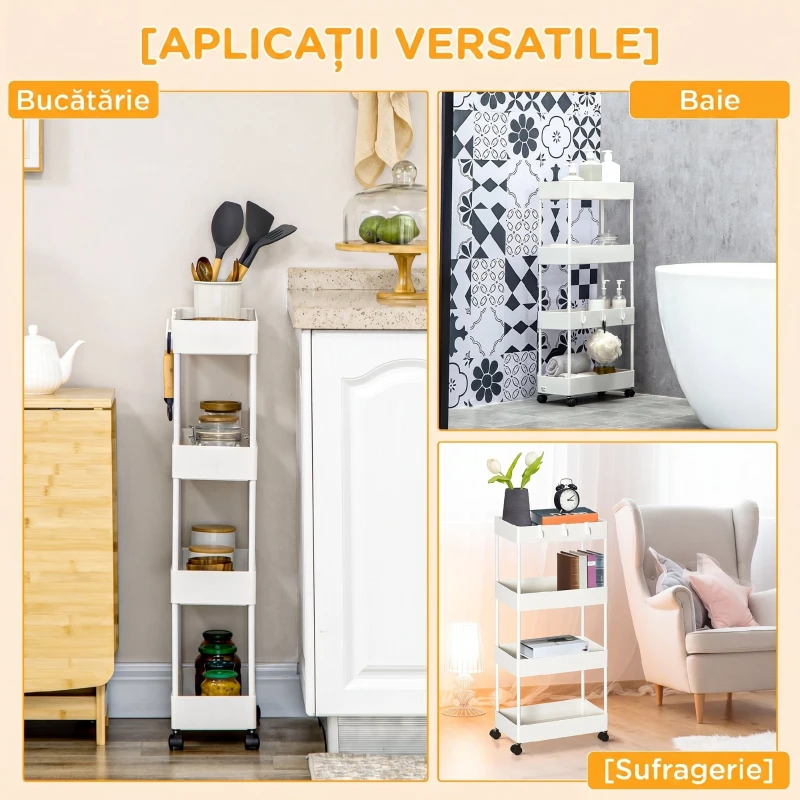 HOMCOM Cărucior Bucătărie Multifuncțional cu 4 Polițe și 3 Cârlige, Oțel și Plastic, 40x19x90 cm, Alb