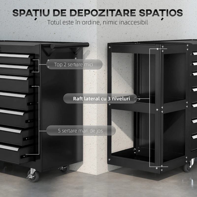 HOMCOM Cărucior pentru Unelte din Oțel cu 7 Sertare, Poliță Laterală Detașabilă, Roți, Capacitate 120kg, Negru