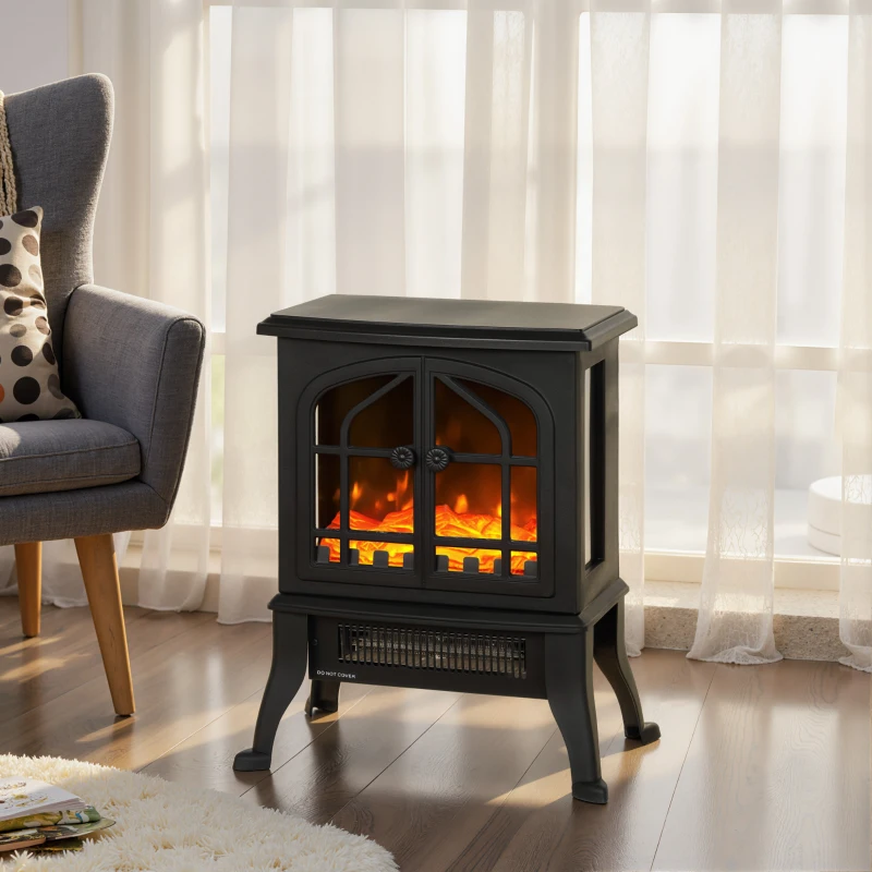 HOMCOM Șemineu Electric de Podea, Flacără 3D, Termostat 10-35°C, Plastic, Sticlă, 39x24x48 cm, Negru
