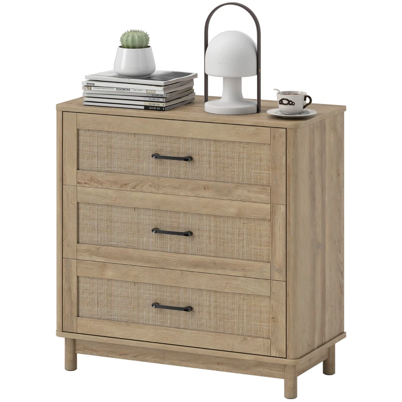 HOMCOM Kommode 3 Schubladen aus Rattan, Aufbewahrungsmöbel, Schubladenschrank, Massivholzfüße, Boho-Stil, 76x35x76cm, Eiche