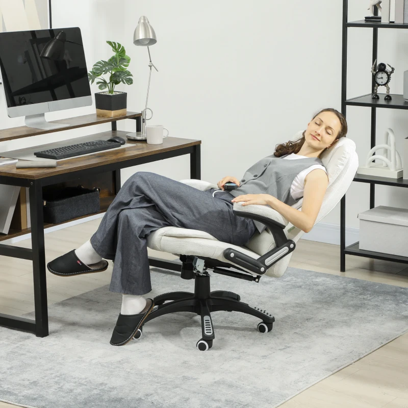 Vinsetto Scaun de Birou Reclinabil cu Masaj, Înălțime Reglabilă, Telecomandă, Textil cu Aspect de In, Crem