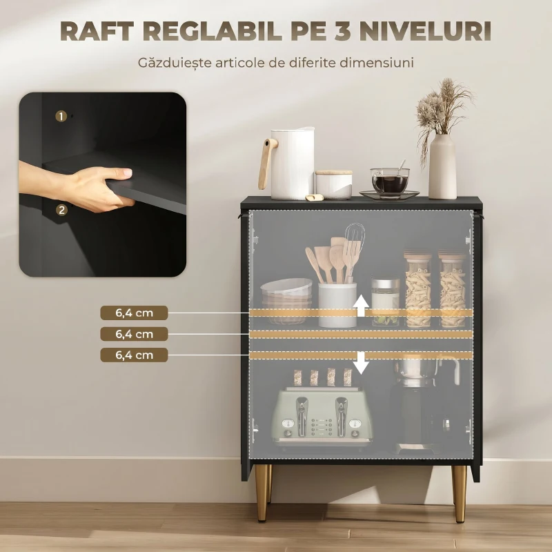 HOMCOM Comodă Modernă cu 2 Uși și Raft Reglabil, Bufet pentru Bucătărie și Living cu Picioare din Metal, Negru