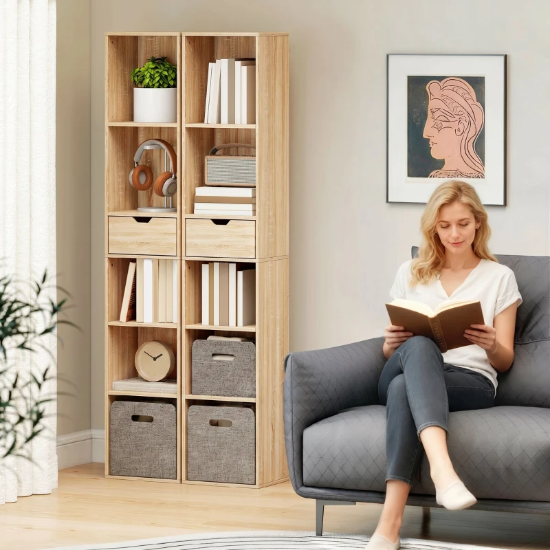 HOMCOM Raft Bibliotecă cu 4 Nivele Deschise, cu Dulap și Sertar, 30x24x158 cm, Lemn Natural