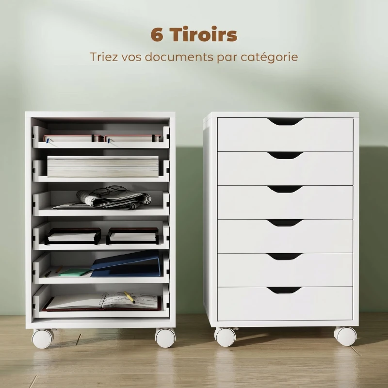 HOMCOM Caisson de Bureau Mobile avec 6 Tiroirs Silencieux, Caisson de Rangement sur Roulettes,  40 x 35 x 63 cm, Blanc
