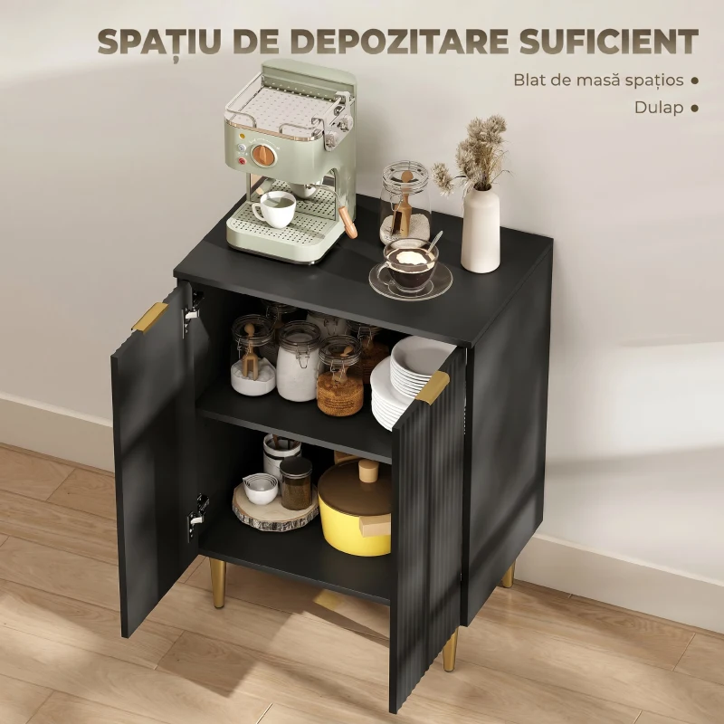 HOMCOM Comodă Modernă cu 2 Uși și Raft Reglabil, Bufet pentru Bucătărie și Living cu Picioare din Metal, Negru