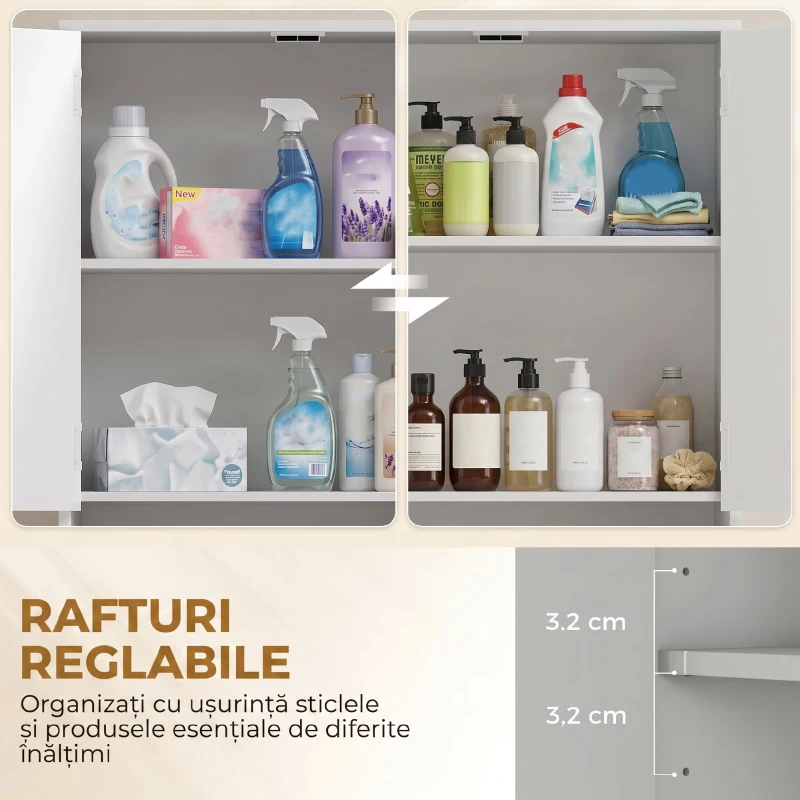 HOMCOM Dulap de Baie Înalt cu Rafturi Reglabile, Alb Lucios