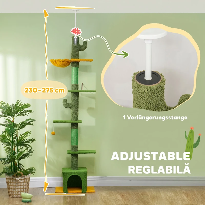 PawHut Ansamblu de Zgâriat pentru Pisici cu Fixare în Tavan, 230-275 cm, Hamac, Căsuță, Stâlpi din Sisal, Verde