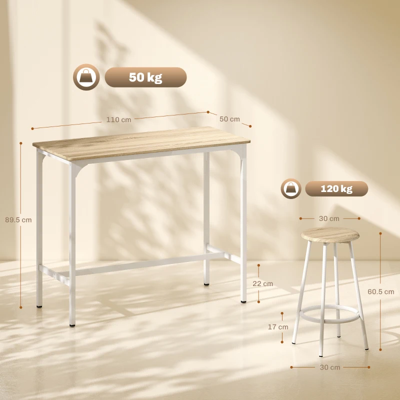 HOMCOM Set de Dining 5 Piese cu Bar 110 x 50 x 89,5 cm și Scaune Ø30 x 60,5 cm din Lemn și Metal Nuanță Lemn și Alb