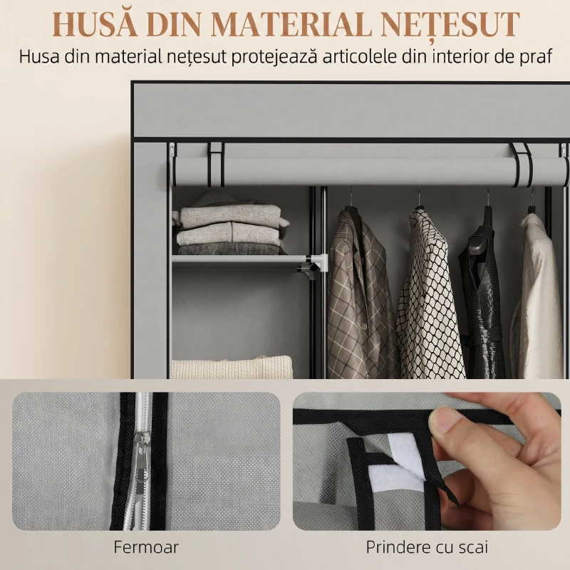HOMCOM Dulap Portabil din Material Netesut și Oțel cu Roți, 6 Rafturi Deschise, Umeraș, Gri Deschis