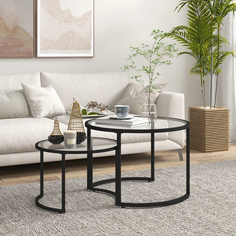 HOMCOM Set 2 mese de cafea suprapuse din sticlă și oțel, Ø70x47,5 cm și Ø54x42,5 cm, negru