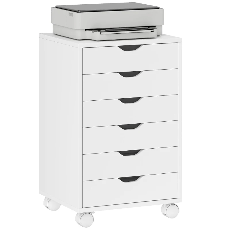 HOMCOM Caisson de Bureau Mobile avec 6 Tiroirs Silencieux, Caisson de Rangement sur Roulettes,  40 x 35 x 63 cm, Blanc