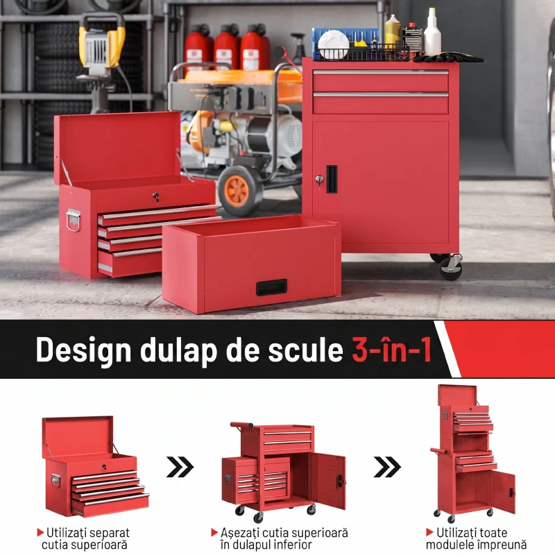 HOMCOM Cărucior pentru Scule din Oțel cu Încuietoare, 6 Sertare, 2 Dulapuri, Panou Perforat, Roți și Mâner, Roșu