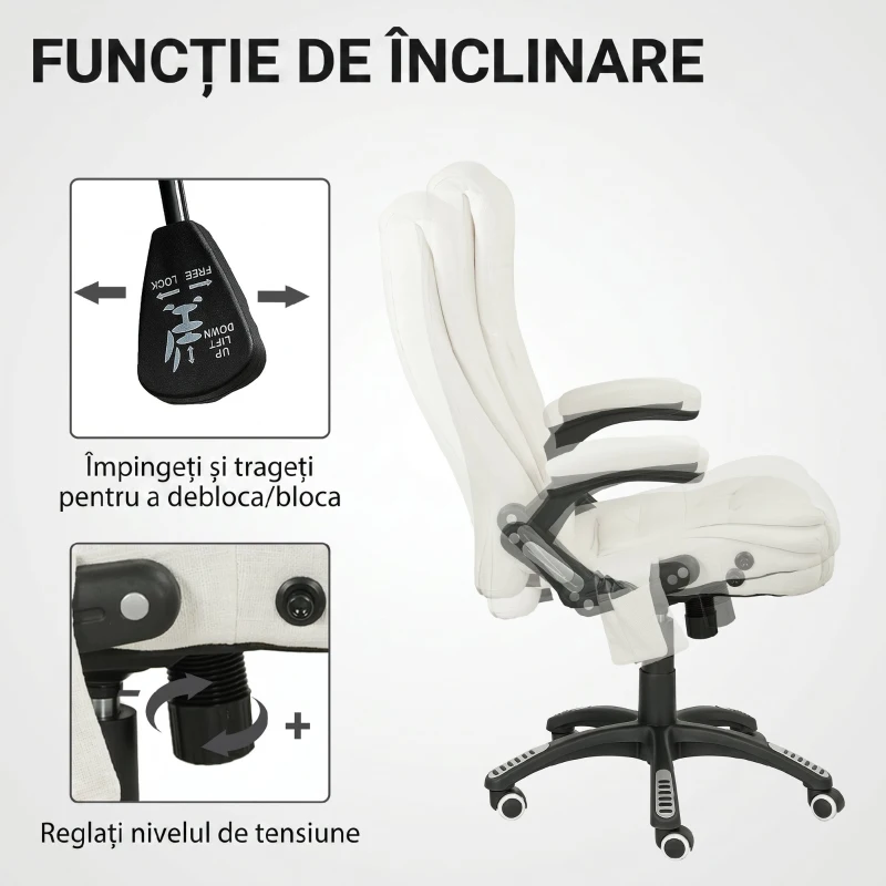 Vinsetto Scaun de Birou Reclinabil cu Masaj, Înălțime Reglabilă, Telecomandă, Textil cu Aspect de In, Crem