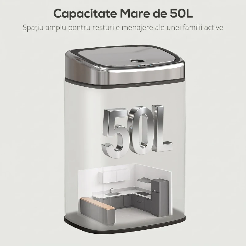 HOMCOM Coș de gunoi cu senzor infraroșu 50L, 2 moduri de deschidere, oțel inoxidabil, argintiu