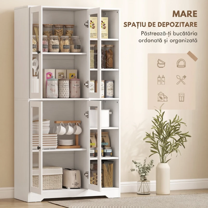 HOMCOM Bufet Bucătărie Înalt, Dulap Dispensa cu 4 Uși din Sticlă Soft-Close, 6 Rafturi Deschise, Rafturi Reglabile, Alb