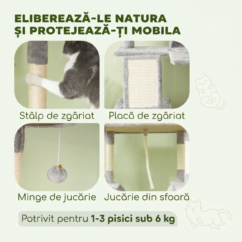 PawHut Ansamblu de Zgâriat pentru Pisici, 206 cm, cu Stâlpi din Sisal, Căsuțe și Hamace, Gri Închis