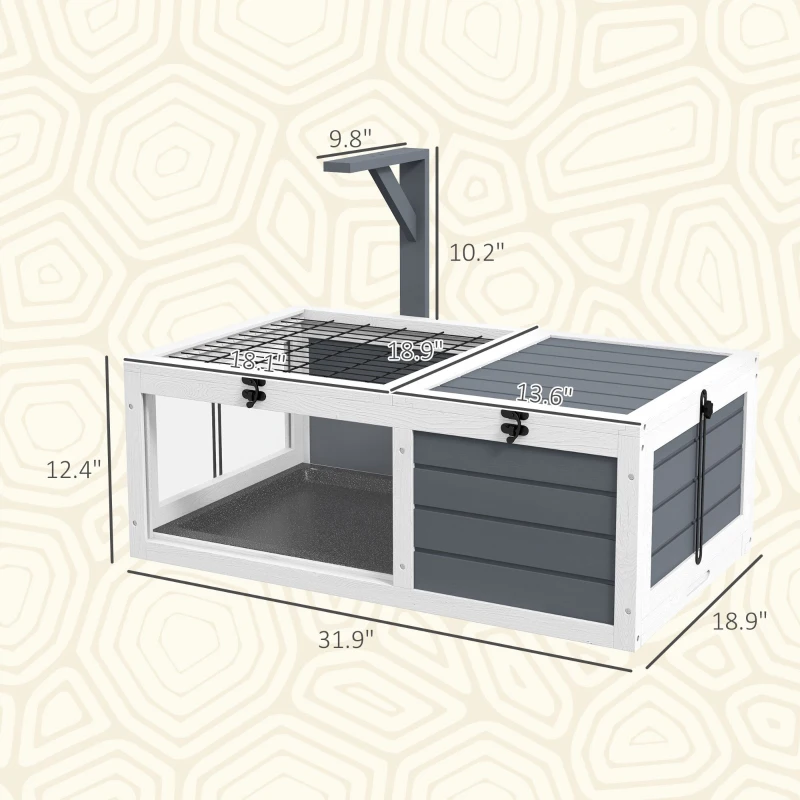 PawHut Tortoise Table with Wooden Lamp Holder, Wooden Tortoise House w/ Openable Lids, Pull-Out Trays - Grey