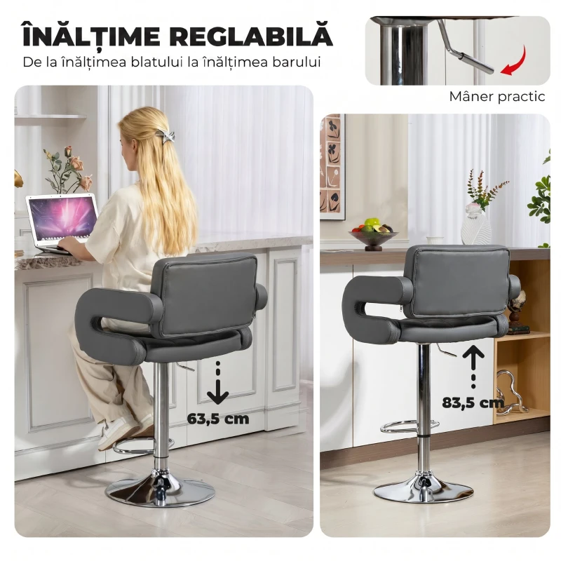 HOMCOM Scaun de Bar Reglabil, Șezut Extra Large Rotativ din Piele Ecologică PU, Gri
