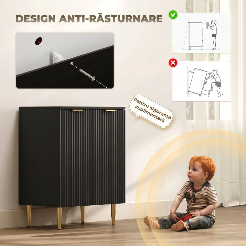 HOMCOM Comodă Modernă cu 2 Uși și Raft Reglabil, Bufet pentru Bucătărie și Living cu Picioare din Metal, Negru