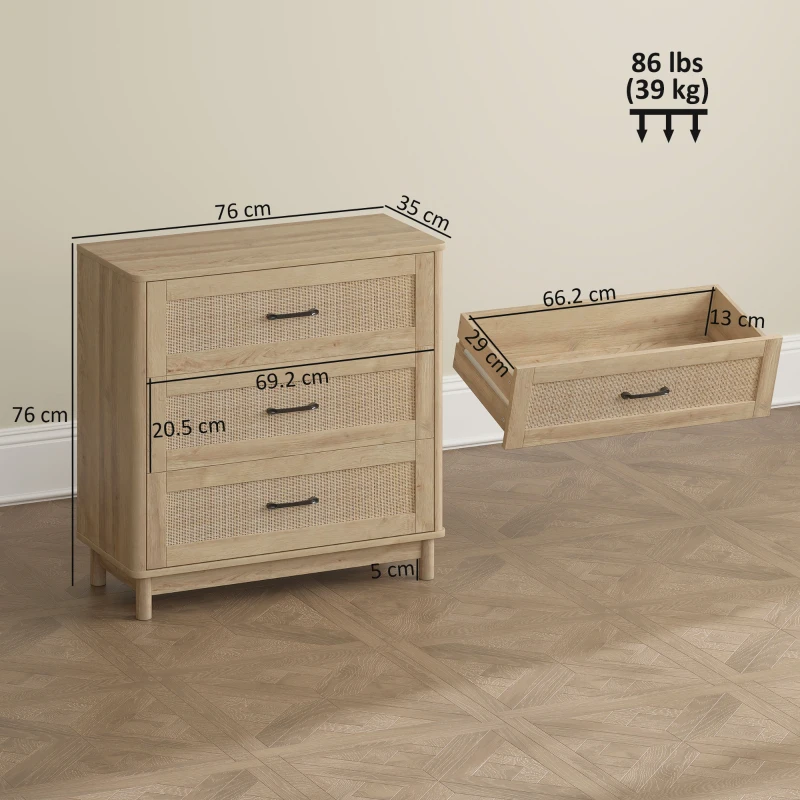 HOMCOM Comodă 3 Sertare din Ratan, Mobilier de Depozitare, Picioare din Lemn Masiv, Stil Boem, 76x35x76cm, Stejar
