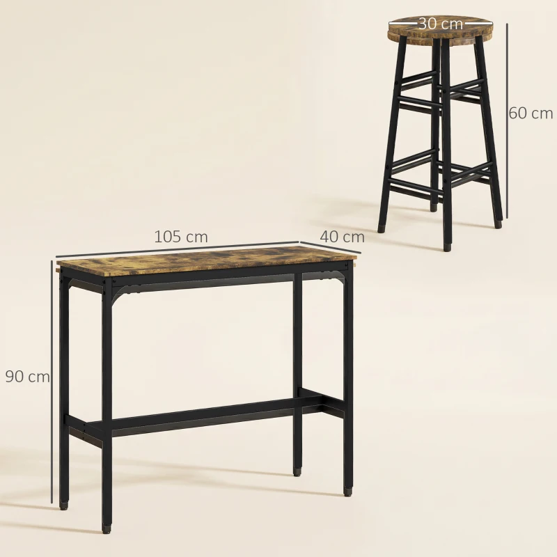 HOMCOM Conjunto Mesa Alta de Cocina con 2 Taburetes Marco de Acero Estilo Industrial Mesa Alta para Comedor Marrón Rústico