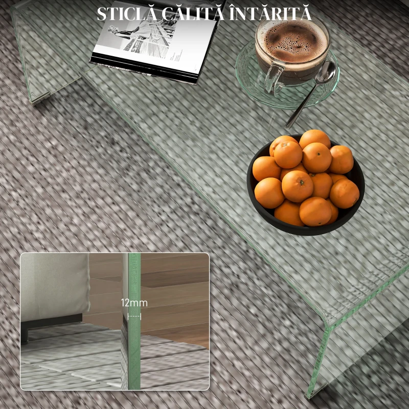 HOMCOM Masă Modernă din Sticlă Securizată pentru Living cu Design dintr-o Singură Piesă, 100x50x35 cm, Transparentă