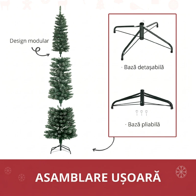 HOMCOM Brad de Crăciun Slim cu 624 Ramuri, Bază Pliabilă, Plastic și Metal, 56x56x225 cm, Verde