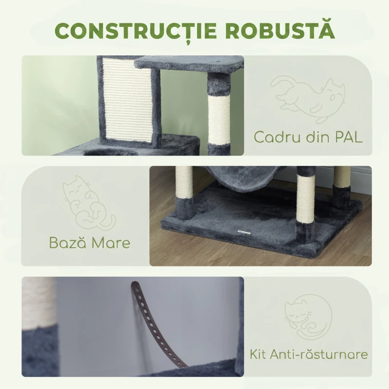PawHut Ansamblu de Cățărat pentru Pisici, 206 cm, cu Stâlpi din Sisal, Căsuțe și Hamace, Gri Închis