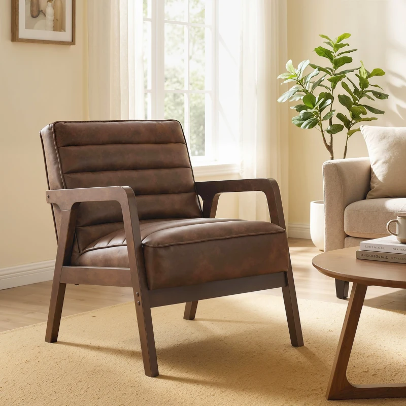HOMCOM Fauteuil salon, fauteuil d'appoint rembourré en PU avec large assise, coussin épais et structure en bois massif, marron