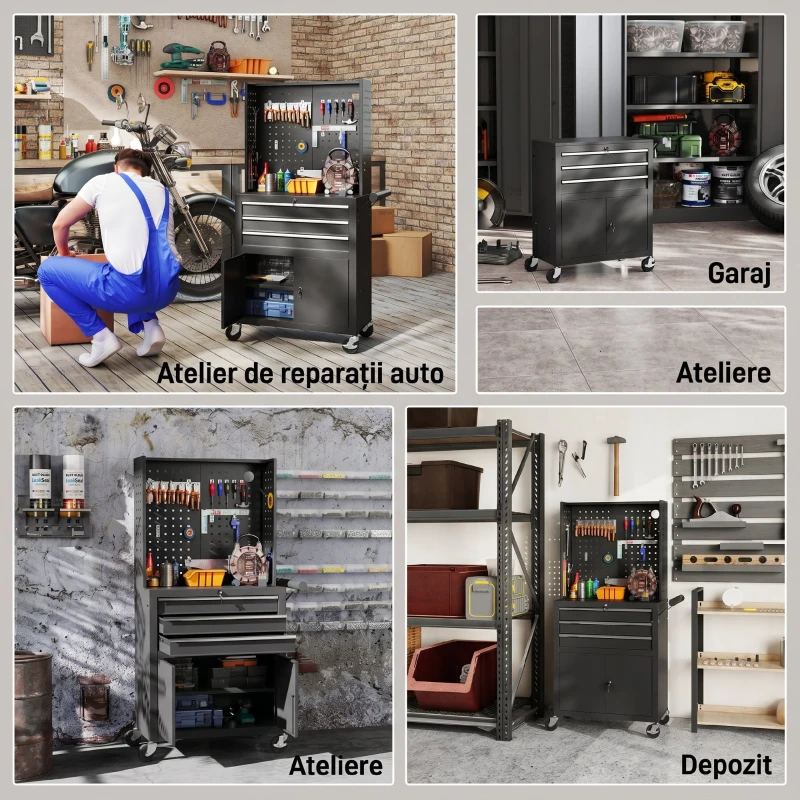 HOMCOM Cărucior de Scule din Oțel cu Blat de Lucru, 3 Sertare, Dulap, Panouri Perforate, Roți, Negru
