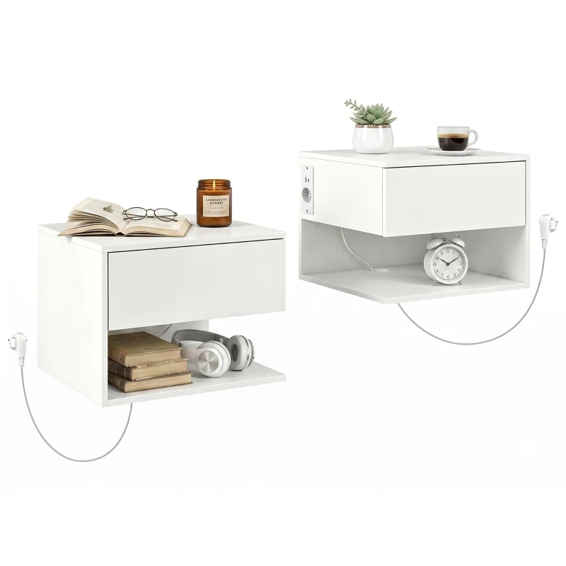 HOMCOM Set Noptiere Suspendate cu Sertar și Raft, Noptiere Moderne pentru Canapea, 40 x 35 x 30 cm, Alb