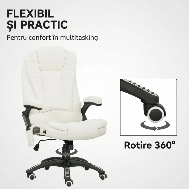Vinsetto Scaun de Birou Reclinabil cu Masaj, Înălțime Reglabilă, Telecomandă, Textil cu Aspect de In, Crem