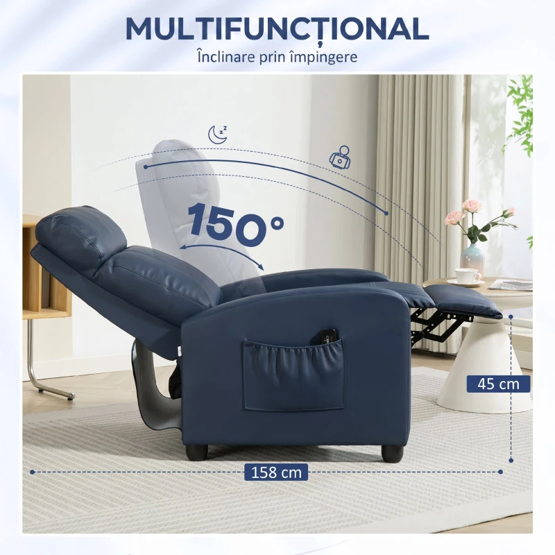 HOMCOM Fotoliu cu Masaj Reclinabil Manual din Piele PU cu Telecomandă, 2 Puncte de Masaj și Suport pentru Picioare, Albastru Închis