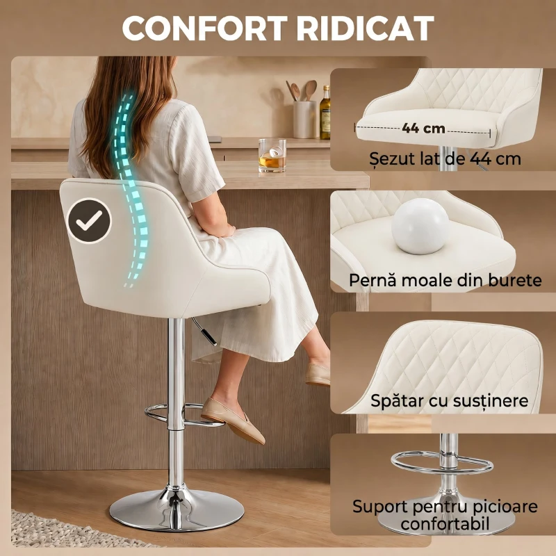 HOMCOM Set 2 Scaune de Bar Rotative și Reglabile pentru Bucătărie, Metal, Alb