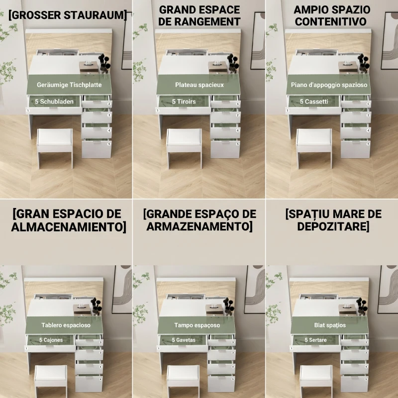 HOMCOM Set Masă de Toaletă cu Oglindă și 5 Sertare 97,2x44,5x136,5 cm și Taburet Căptușit 40x24x46 cm, Alb