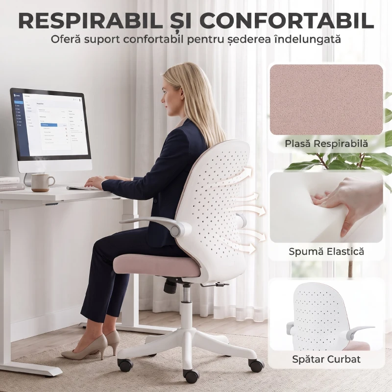 HOMCOM Scaun de Birou Ergonomic cu Brațe Rabatabile și Înălțime Reglabilă, Mesh Respirabil,  60,5x54x99 cm, Roz