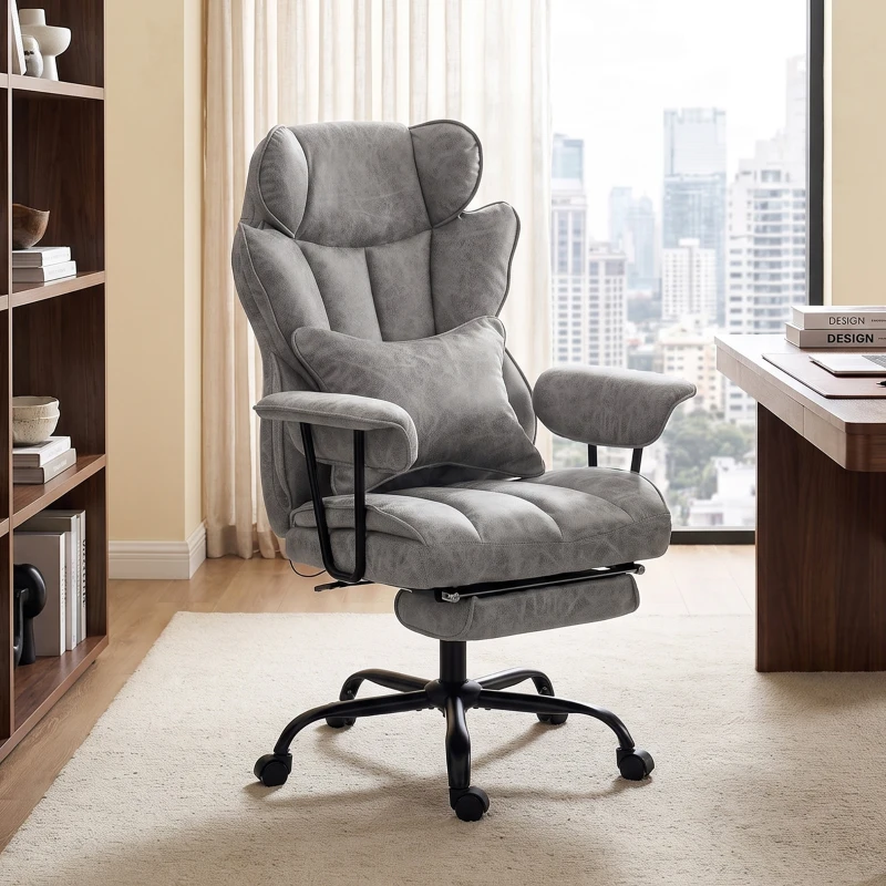 HOMCOM Silla de oficina con masaje de 6 puntos y calor, silla de escritorio con reposapiés, soporte lumbar y asiento amplio, Gris