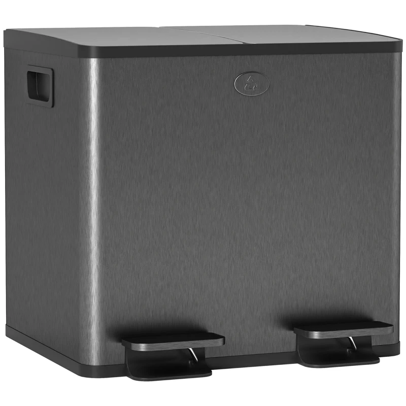 HOMCOM Coș de Gunoi cu 2 Secțiuni de 15L, cu Închidere Silențioasă, din Oțel Inoxidabil și PP, 41.7x36.6x43.2 cm, Negru