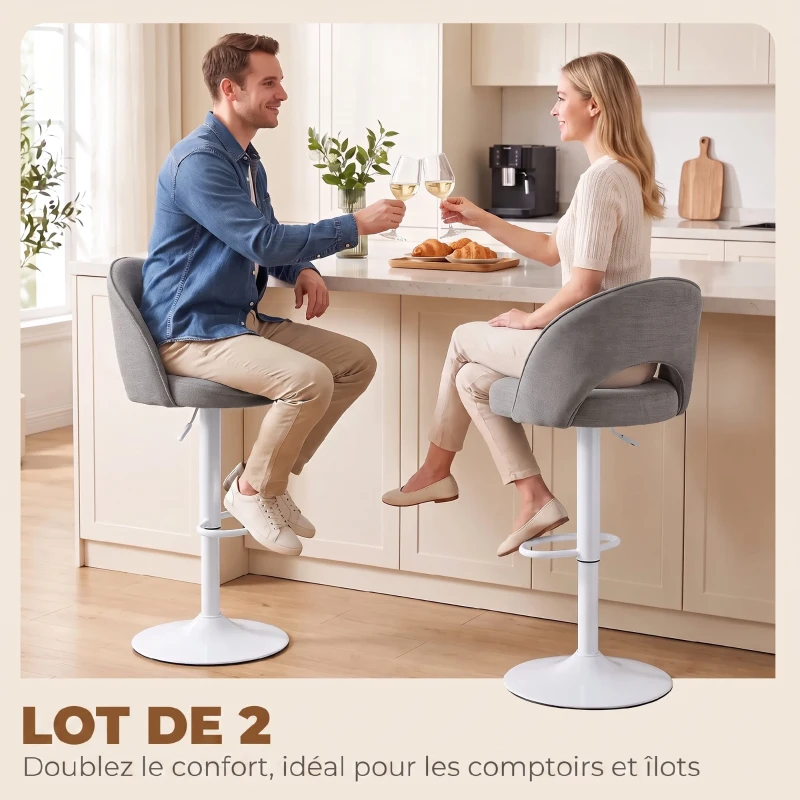 HOMCOM Lot de 2 Tabourets de Bar, Chaises de Bar Réglables en Hauteur, Assise Rembourrée en Chenille, Pivotant 360°, Gris