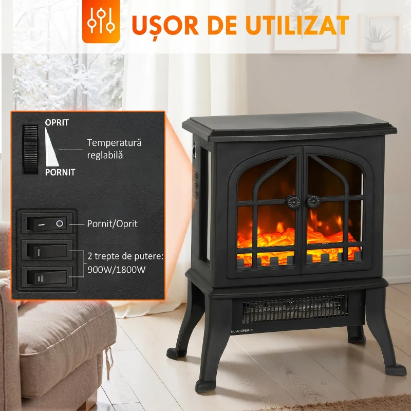 HOMCOM Șemineu Electric de Podea, Flacără 3D, Termostat 10-35°C, Plastic, Sticlă, 39x24x48 cm, Negru